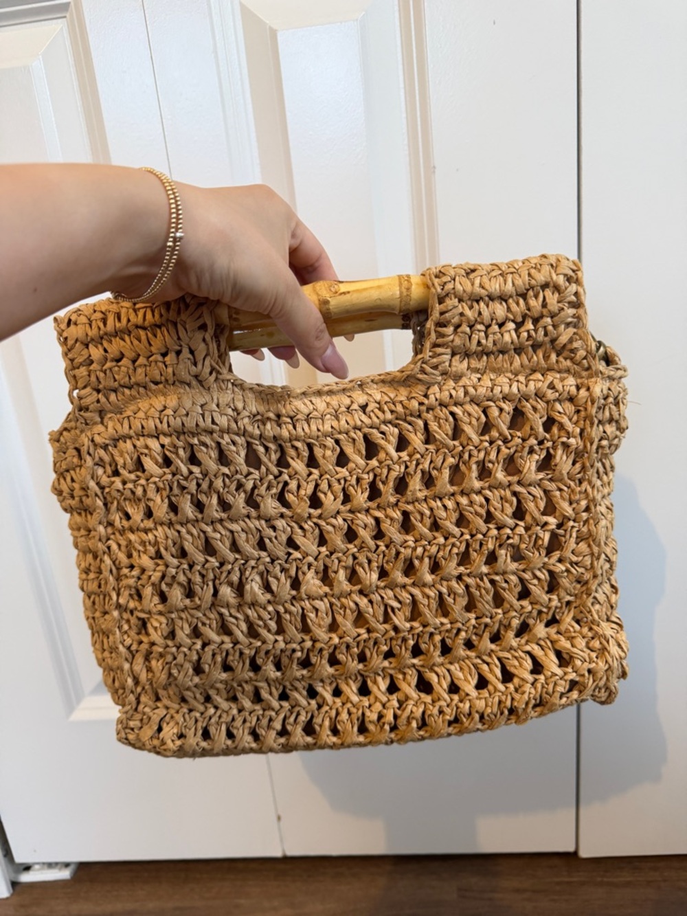 Free People Woven Straw Tote Bag with Bamboo Handle - Natural